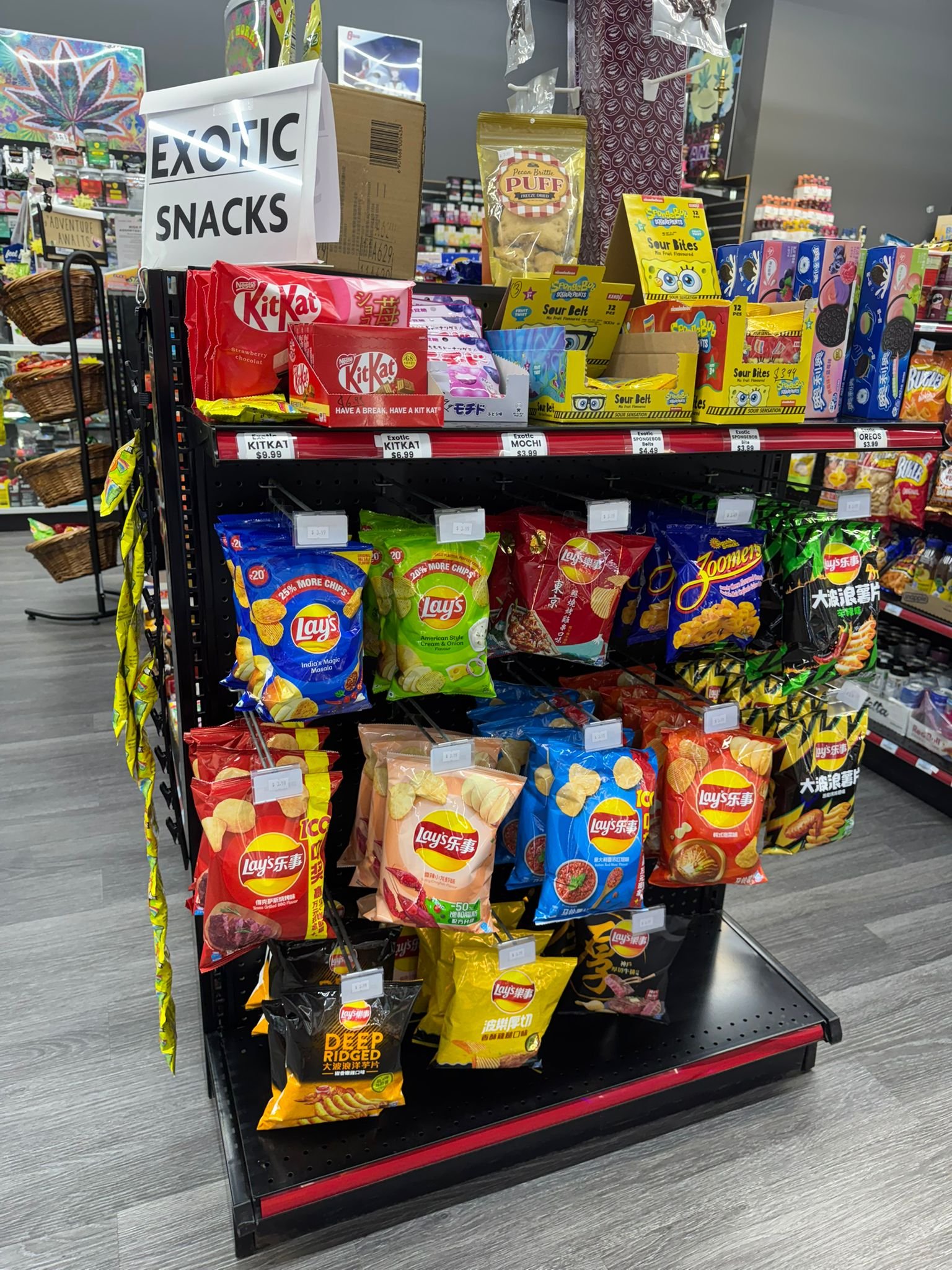Exotic snacks display at Local Store St Petersburg — KitKat Mochi Spongebob international